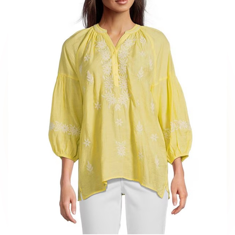 Calessa Plus Size 3X Textured Woven Embroidered Split V-Neck 3/4 Sleeve Tunic
